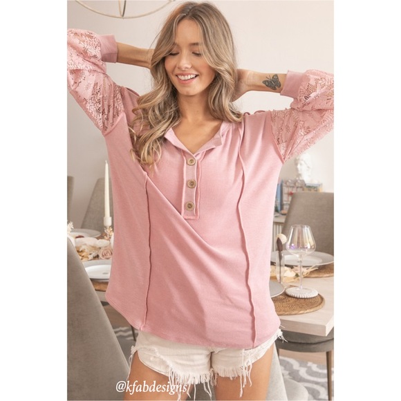 LAST! Button Henley Style Dusty Rose Floral Lace Sleeve Top! - Picture 9 of 13